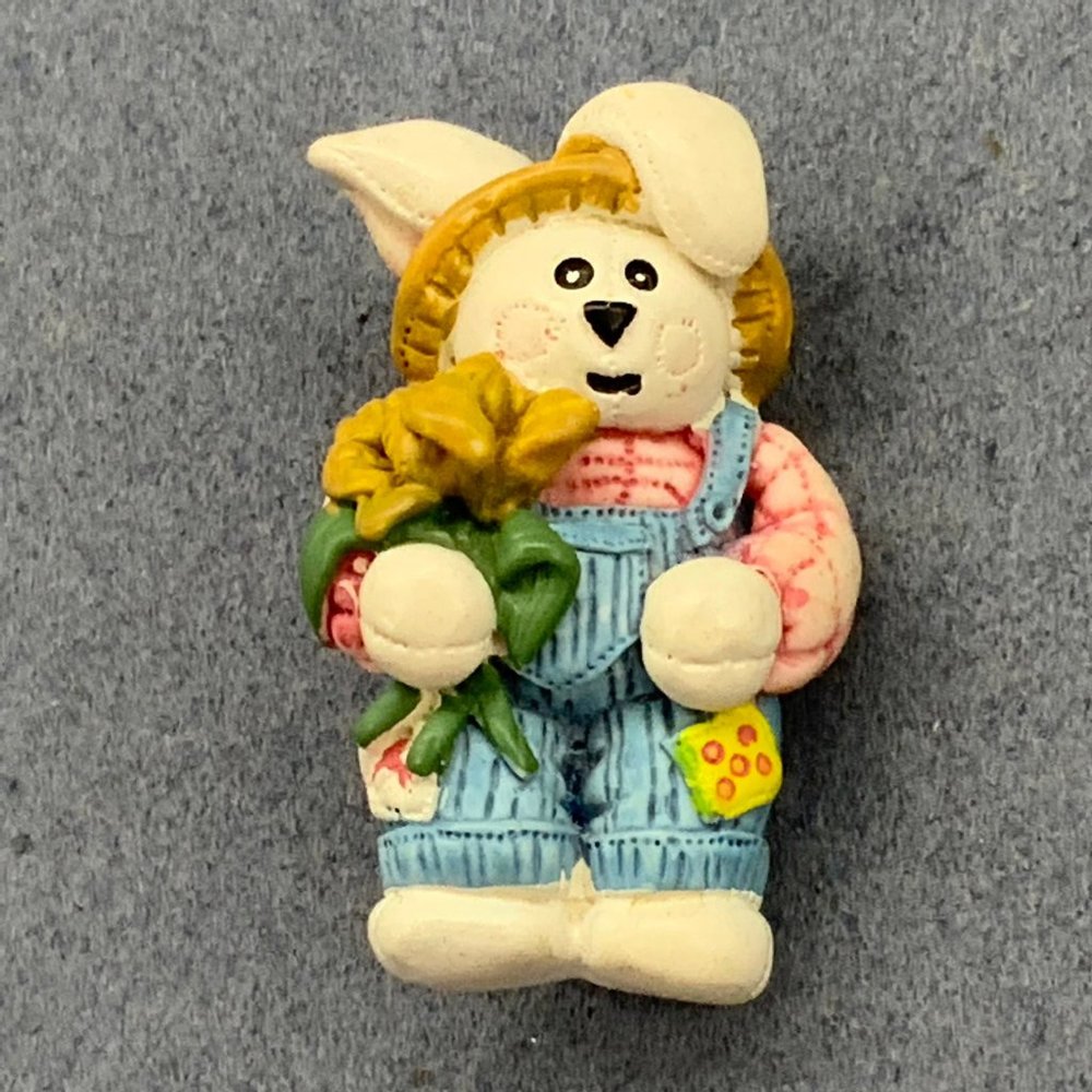 Bunny Overalls Pin Brooch Easter Rabbit Flowers